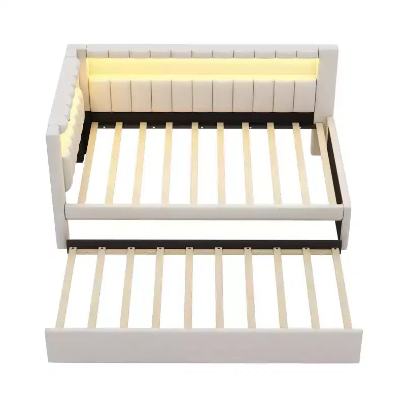Cadre de lit plateforme capitonné double avec lit gigogne double, ports USB et lumière LED