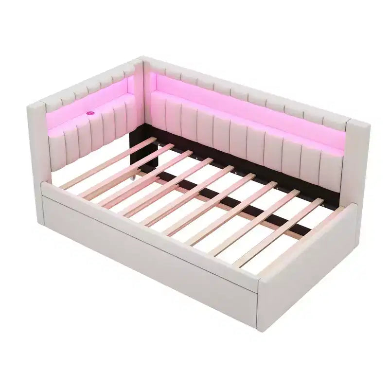 Cadre de lit plateforme capitonné double avec lit gigogne double, ports USB et lumière LED
