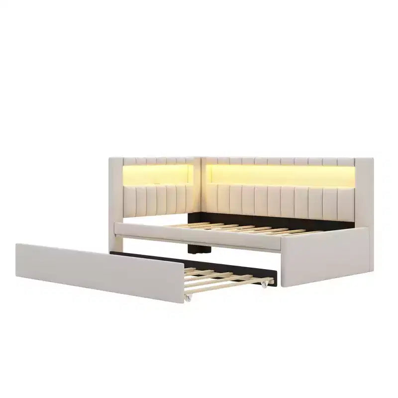 Cadre de lit plateforme capitonné double avec lit gigogne double, ports USB et lumière LED