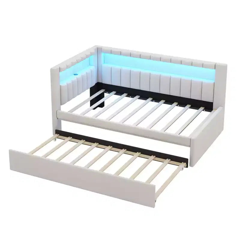 Cadre de lit plateforme capitonné double avec lit gigogne double, ports USB et lumière LED