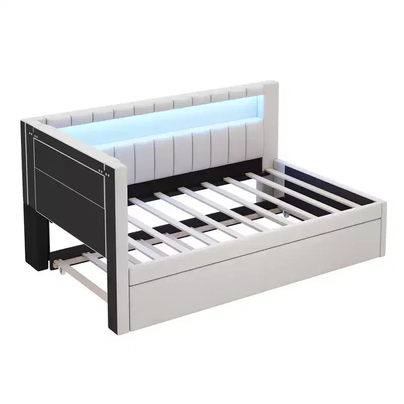 Cadre de lit plateforme capitonné double avec lit gigogne double, ports USB et lumière LED