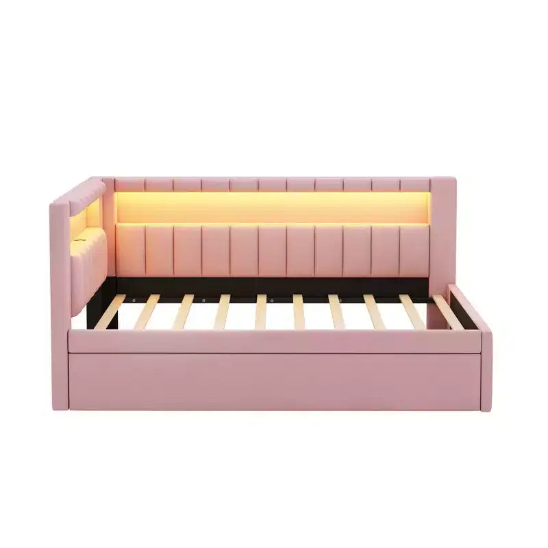 Cadre de lit plateforme capitonné double avec lit gigogne double, ports USB et lumière LED