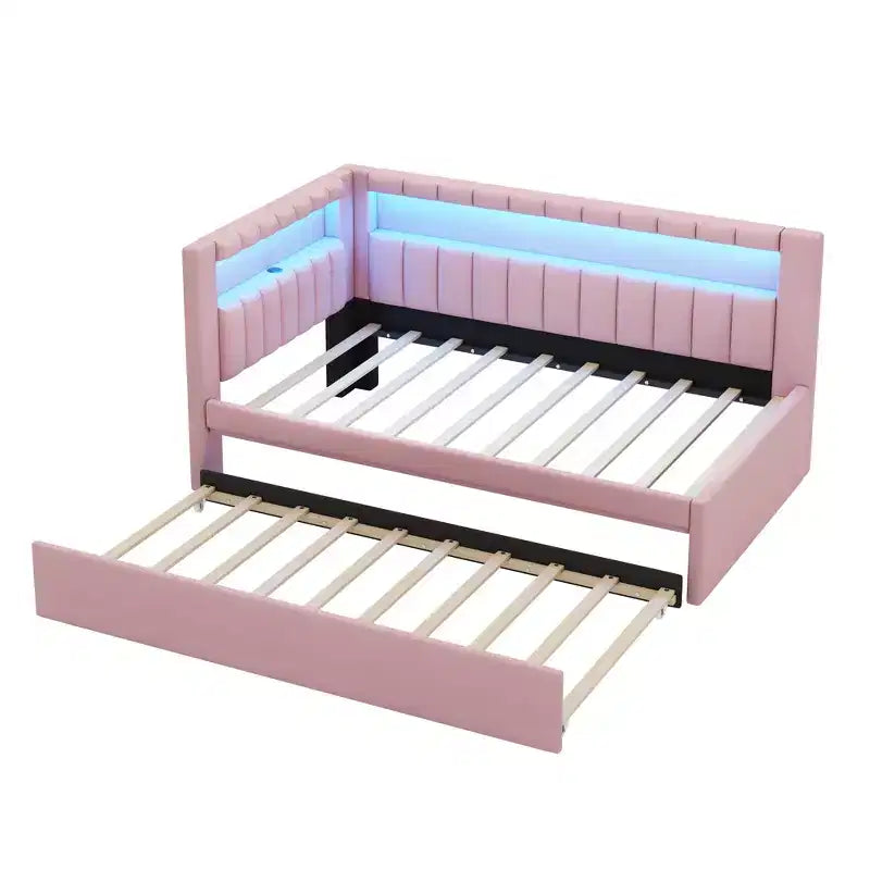 Cadre de lit plateforme capitonné double avec lit gigogne double, ports USB et lumière LED