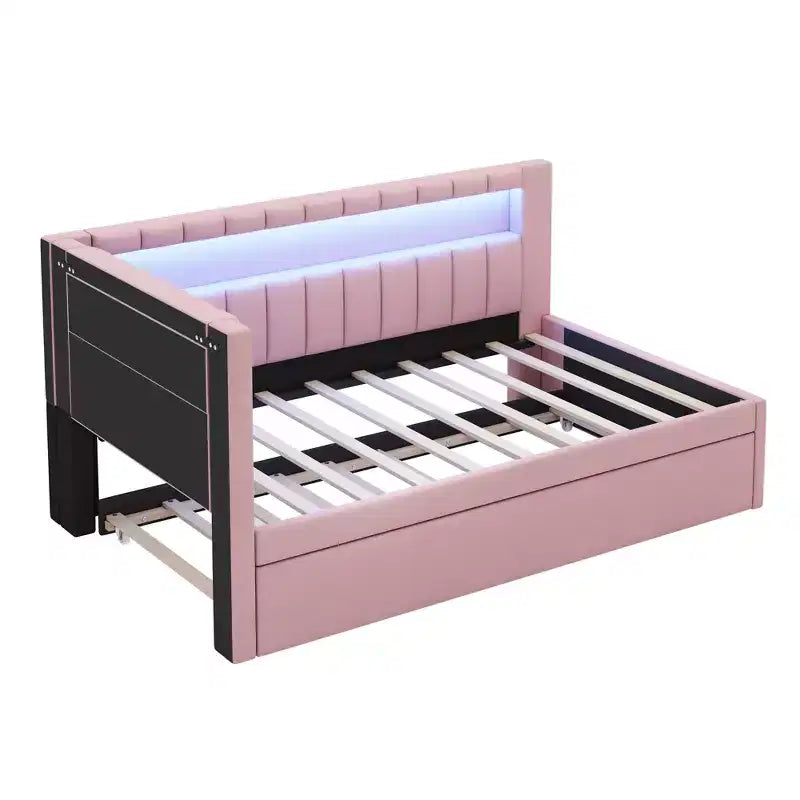 Cadre de lit plateforme capitonné double avec lit gigogne double, ports USB et lumière LED