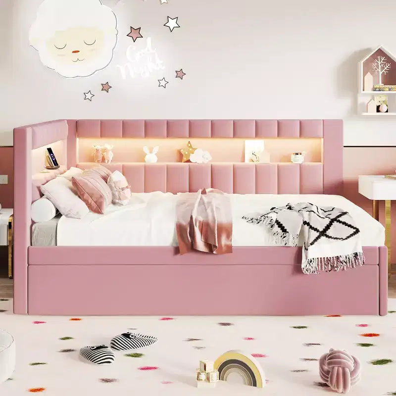 Twin Size Upholstered Platform Bed Frame with Twin Trundle Bed, USB Ports and LED Light -ModernLuxe