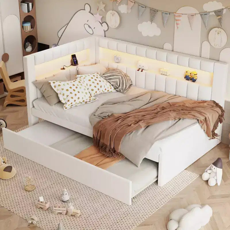 Cadre de lit plateforme capitonné double avec lit gigogne double, ports USB et lumière LED