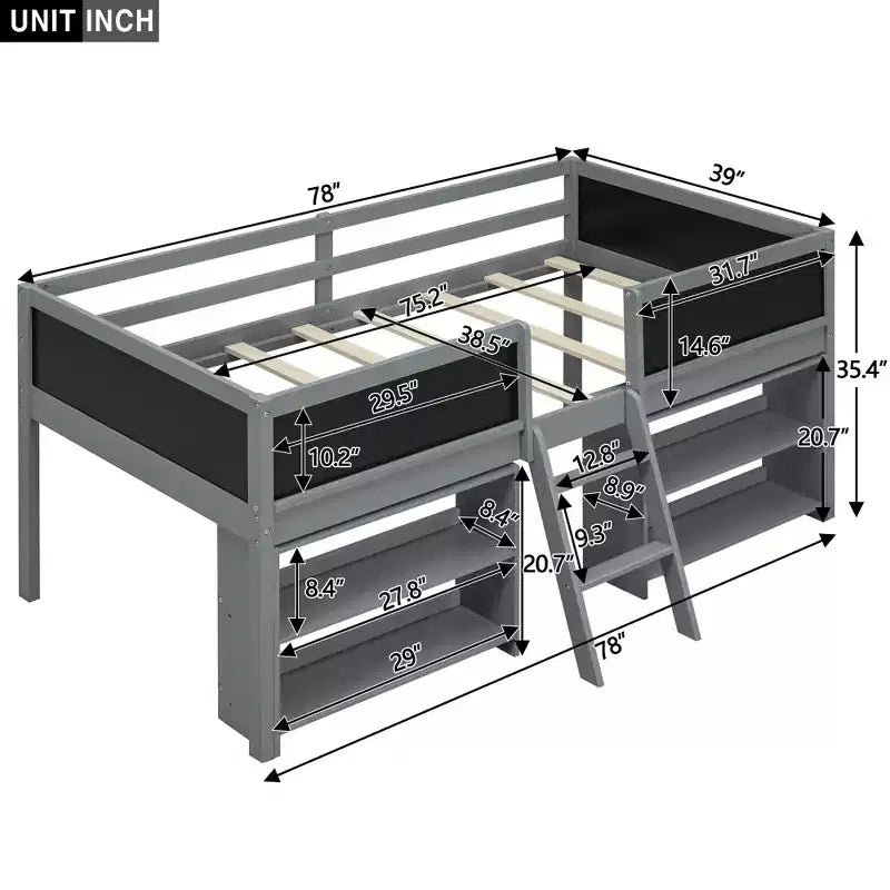 Lit mezzanine bas pour lits jumeaux de 198 cm (78 po) de long x 99 cm (39 po) de large, avec deux étagères amovibles et échelle, avec tableau de garde-corps décoratif