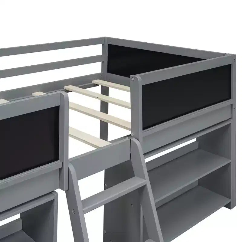Lit mezzanine bas pour lits jumeaux de 198 cm (78 po) de long x 99 cm (39 po) de large, avec deux étagères amovibles et échelle, avec tableau de garde-corps décoratif