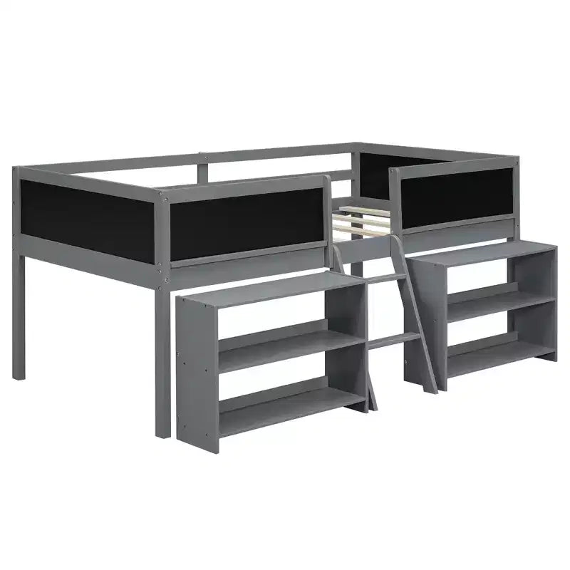 Lit mezzanine bas pour lits jumeaux de 198 cm (78 po) de long x 99 cm (39 po) de large, avec deux étagères amovibles et échelle, avec tableau de garde-corps décoratif