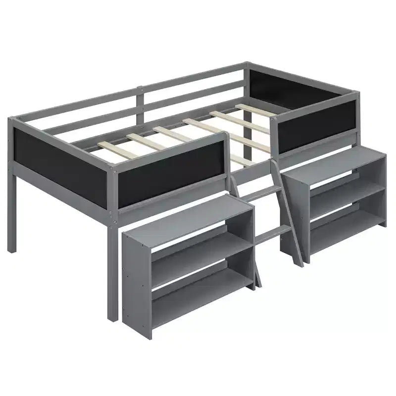 Lit mezzanine bas pour lits jumeaux de 198 cm (78 po) de long x 99 cm (39 po) de large, avec deux étagères amovibles et échelle, avec tableau de garde-corps décoratif