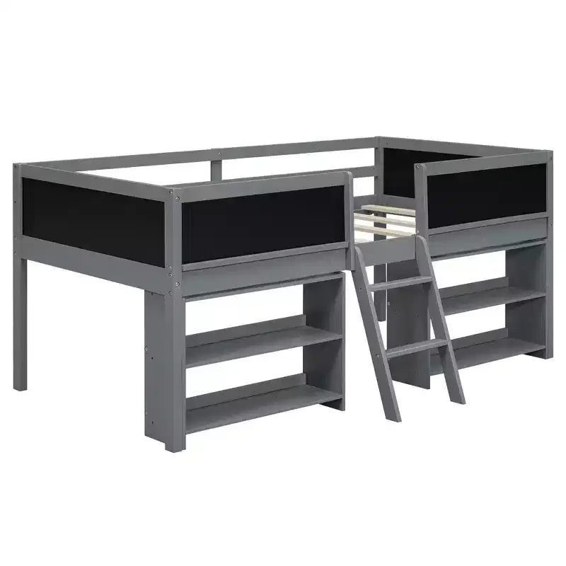 Lit mezzanine bas pour lits jumeaux de 198 cm (78 po) de long x 99 cm (39 po) de large, avec deux étagères amovibles et échelle, avec tableau de garde-corps décoratif