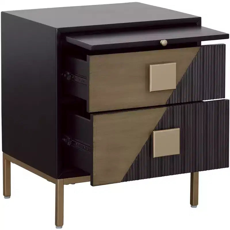 Table d'appoint large noire et métallique à 2 tiroirs