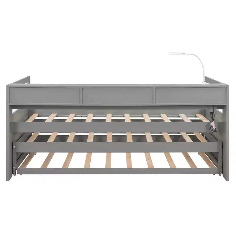 Lit de repos en bois avec 2 lits gigognes, 3 compartiments de rangement, 1 lampe gratuite et port de chargement USB