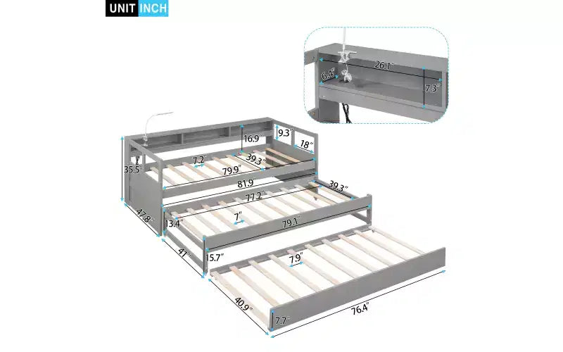 Lit de repos en bois avec 2 lits gigognes, 3 compartiments de rangement, 1 lampe gratuite et port de chargement USB