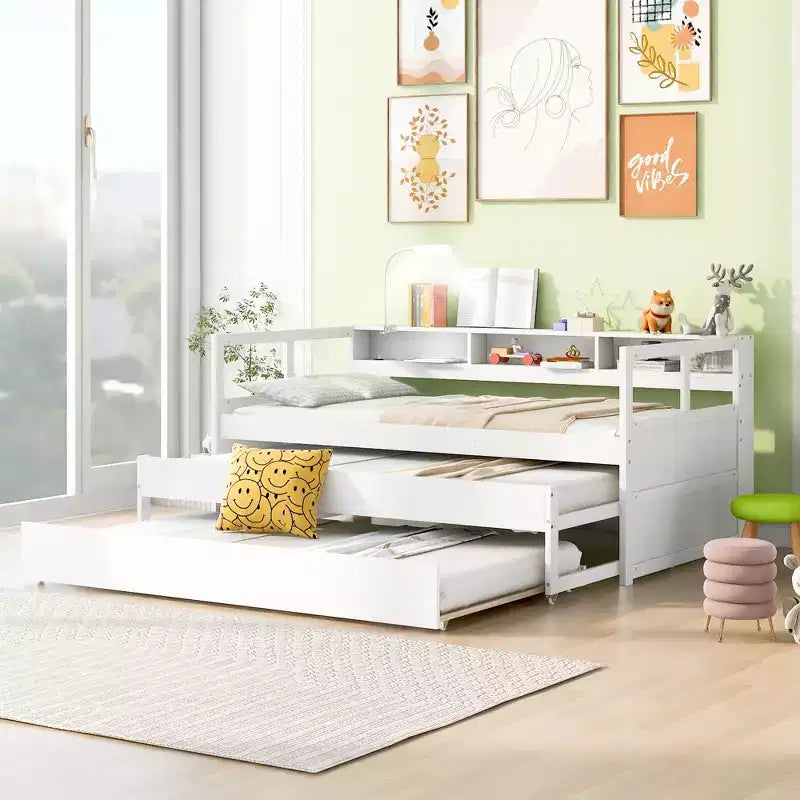 Lit de repos en bois avec 2 lits gigognes, 3 compartiments de rangement, 1 lampe gratuite et port de chargement USB