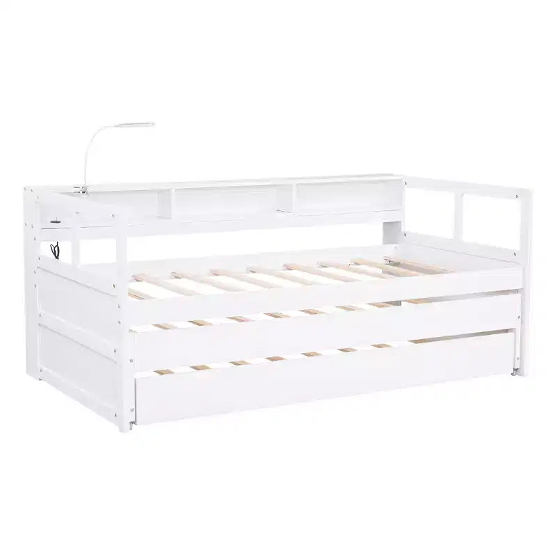 Lit de repos en bois avec 2 lits gigognes, 3 compartiments de rangement, 1 lampe gratuite et port de chargement USB