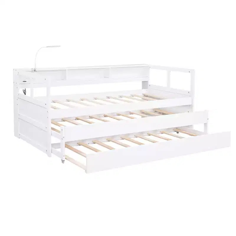 Lit de repos en bois avec 2 lits gigognes, 3 compartiments de rangement, 1 lampe gratuite et port de chargement USB