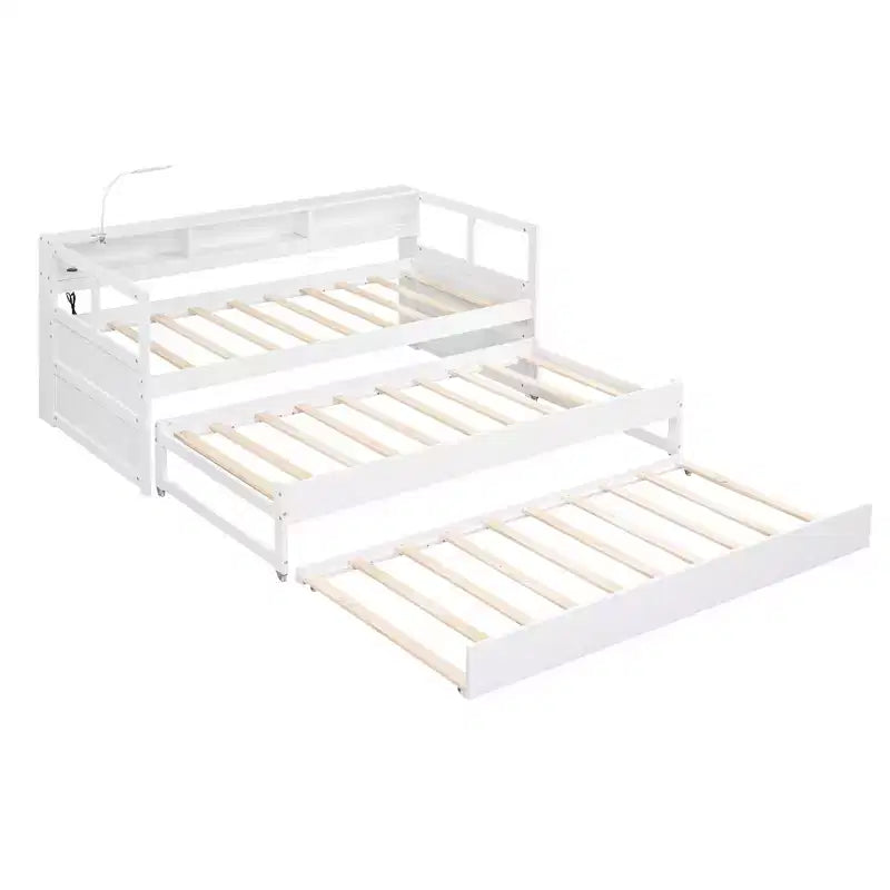 Lit de repos en bois avec 2 lits gigognes, 3 compartiments de rangement, 1 lampe gratuite et port de chargement USB
