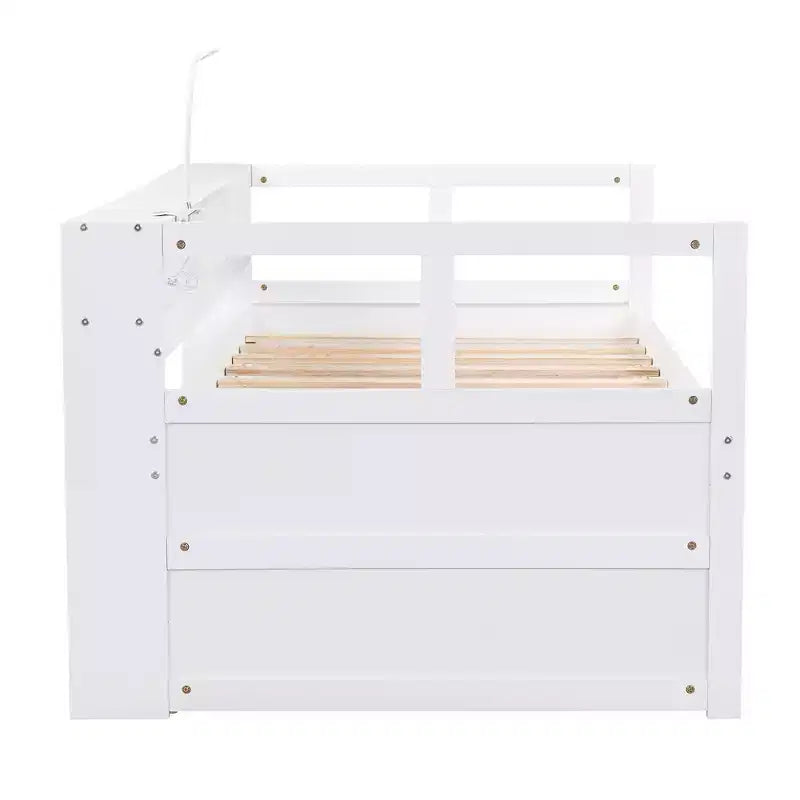 Lit de repos en bois avec 2 lits gigognes, 3 compartiments de rangement, 1 lampe gratuite et port de chargement USB