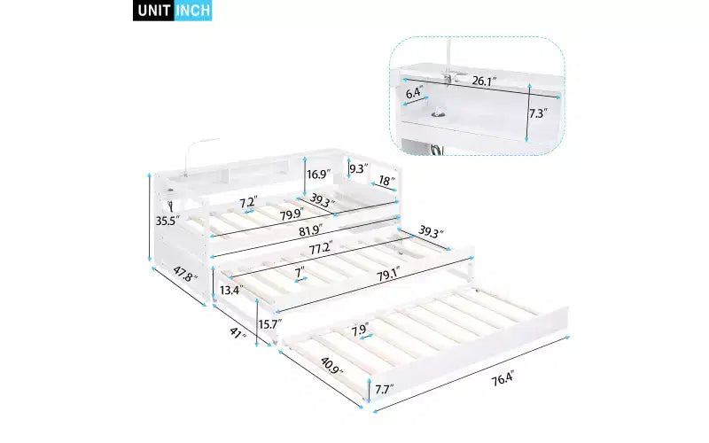 Lit de repos en bois avec 2 lits gigognes, 3 compartiments de rangement, 1 lampe gratuite et port de chargement USB