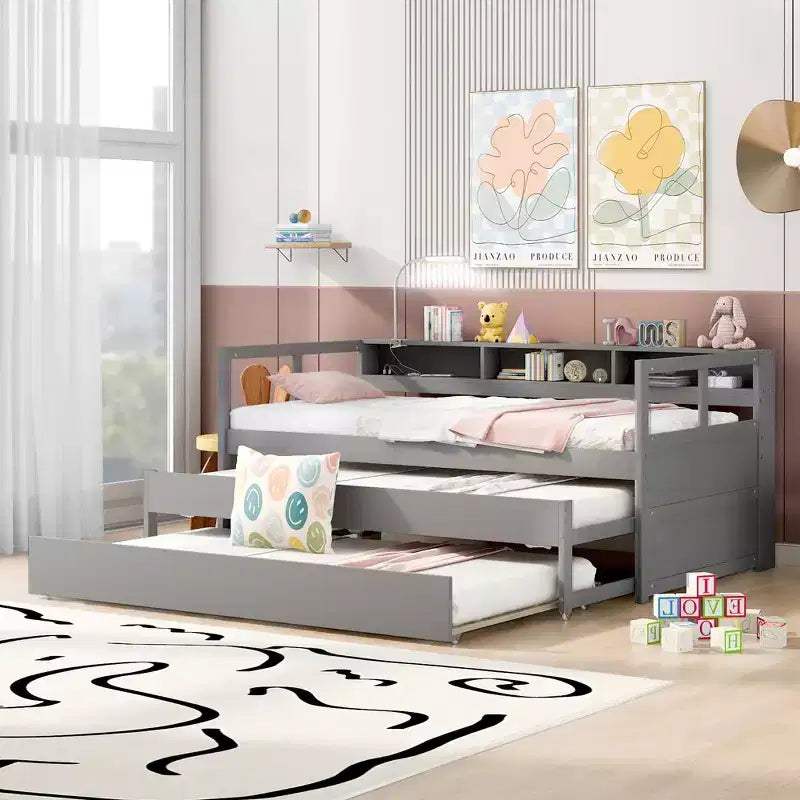 Lit de repos en bois avec 2 lits gigognes, 3 compartiments de rangement, 1 lampe gratuite et port de chargement USB