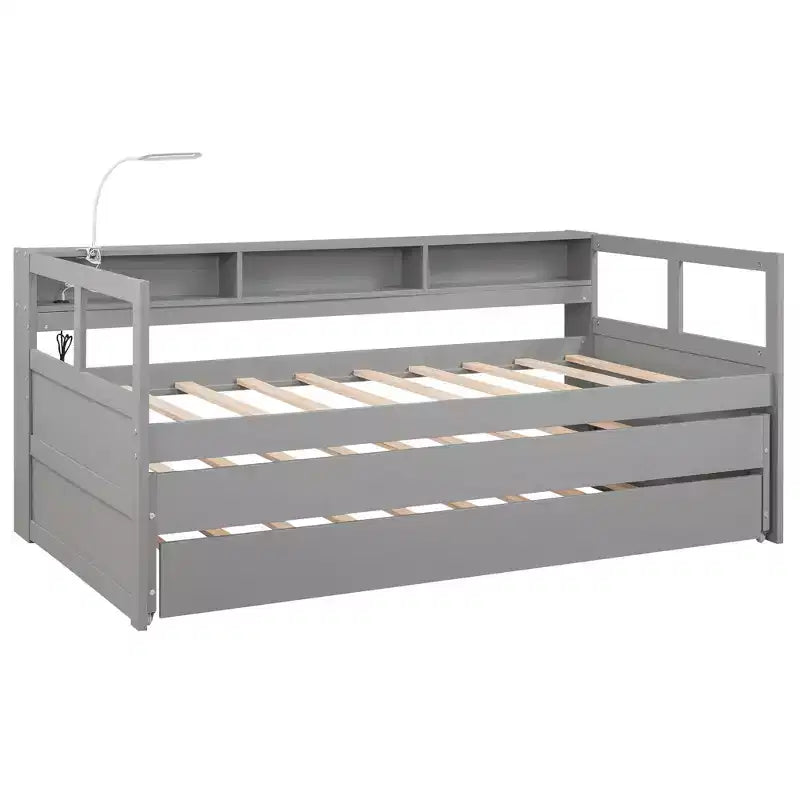 Lit de repos en bois avec 2 lits gigognes, 3 compartiments de rangement, 1 lampe gratuite et port de chargement USB