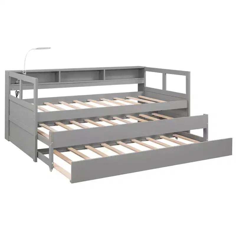Lit de repos en bois avec 2 lits gigognes, 3 compartiments de rangement, 1 lampe gratuite et port de chargement USB