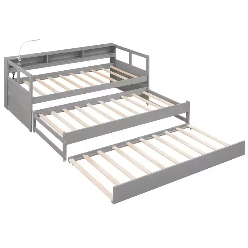 Lit de repos en bois avec 2 lits gigognes, 3 compartiments de rangement, 1 lampe gratuite et port de chargement USB