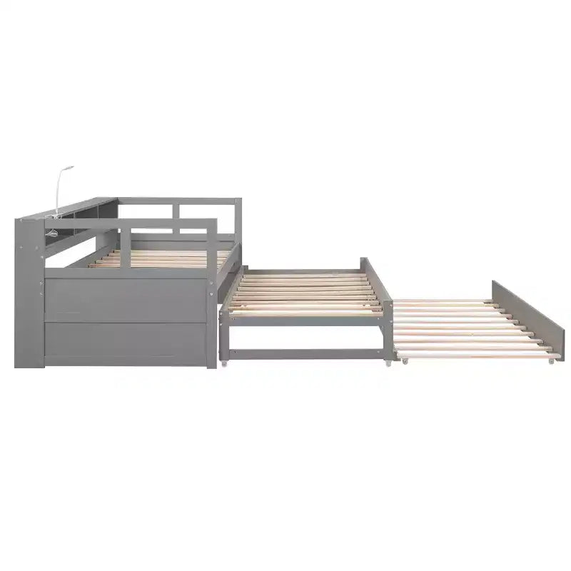 Lit de repos en bois avec 2 lits gigognes, 3 compartiments de rangement, 1 lampe gratuite et port de chargement USB