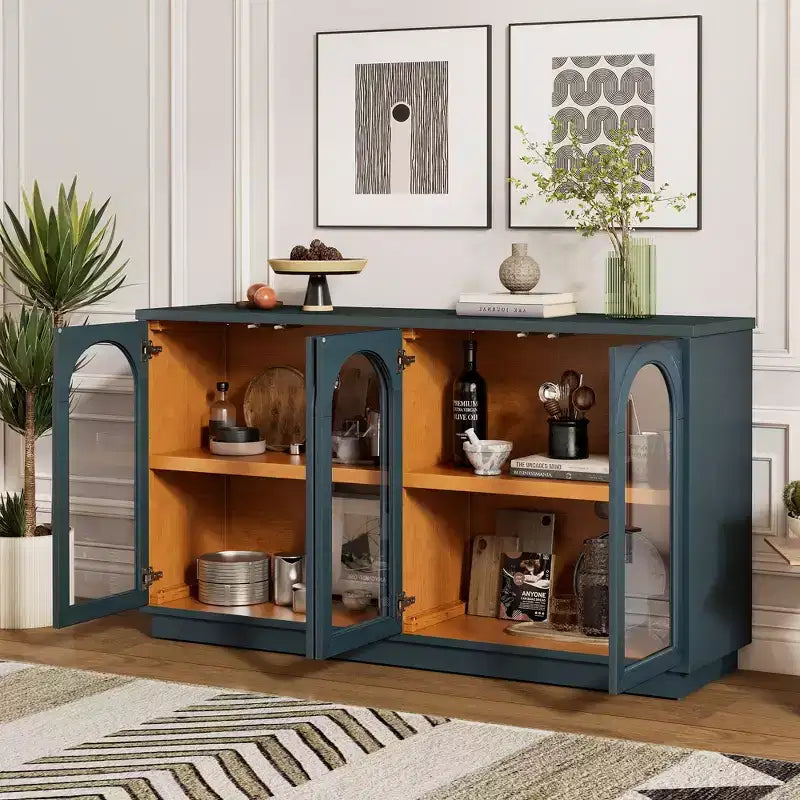 Buffet, Meuble de rangement voûté avec 4 portes vitrées, étagères réglables pour cuisine, salle à manger et salon