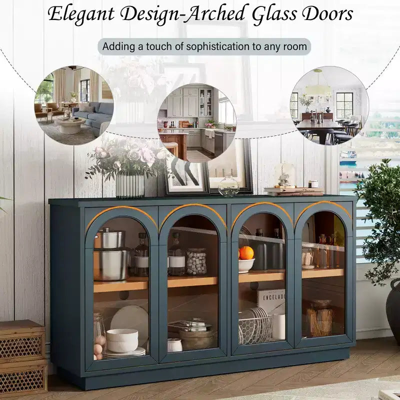 Buffet, Meuble de rangement voûté avec 4 portes vitrées, étagères réglables pour cuisine, salle à manger et salon