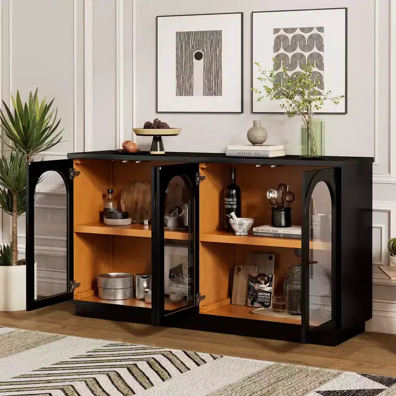 Buffet, Meuble de rangement voûté avec 4 portes vitrées, étagères réglables pour cuisine, salle à manger et salon