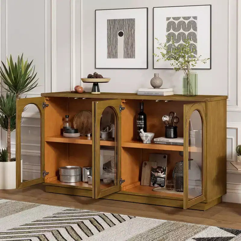 Buffet, Meuble de rangement voûté avec 4 portes vitrées, étagères réglables pour cuisine, salle à manger et salon
