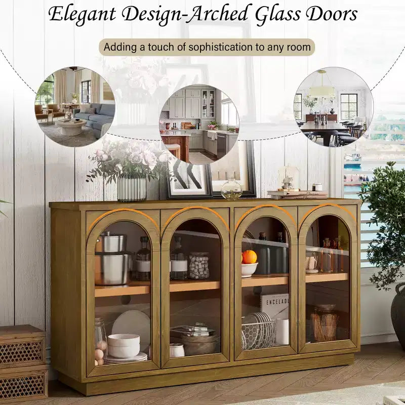 Buffet, Meuble de rangement voûté avec 4 portes vitrées, étagères réglables pour cuisine, salle à manger et salon