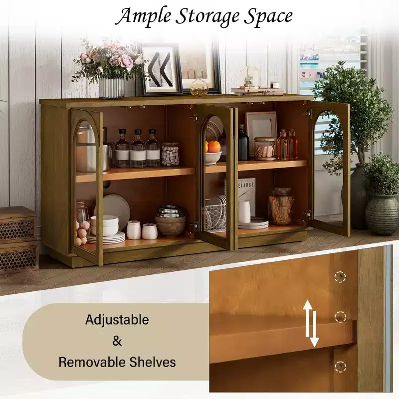 Buffet, Meuble de rangement voûté avec 4 portes vitrées, étagères réglables pour cuisine, salle à manger et salon