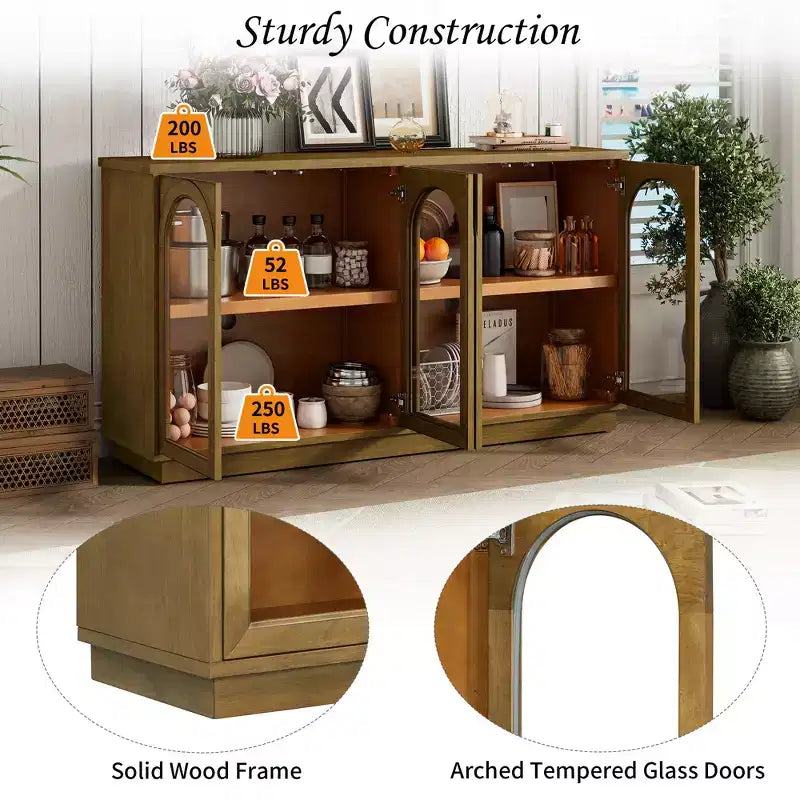 Buffet, Meuble de rangement voûté avec 4 portes vitrées, étagères réglables pour cuisine, salle à manger et salon
