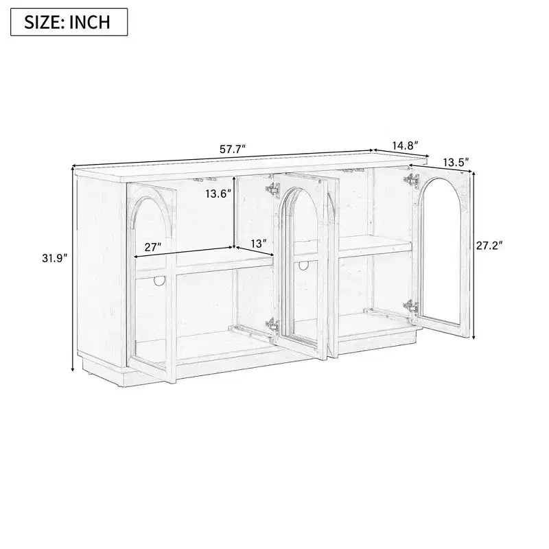 Buffet, Meuble de rangement voûté avec 4 portes vitrées, étagères réglables pour cuisine, salle à manger et salon