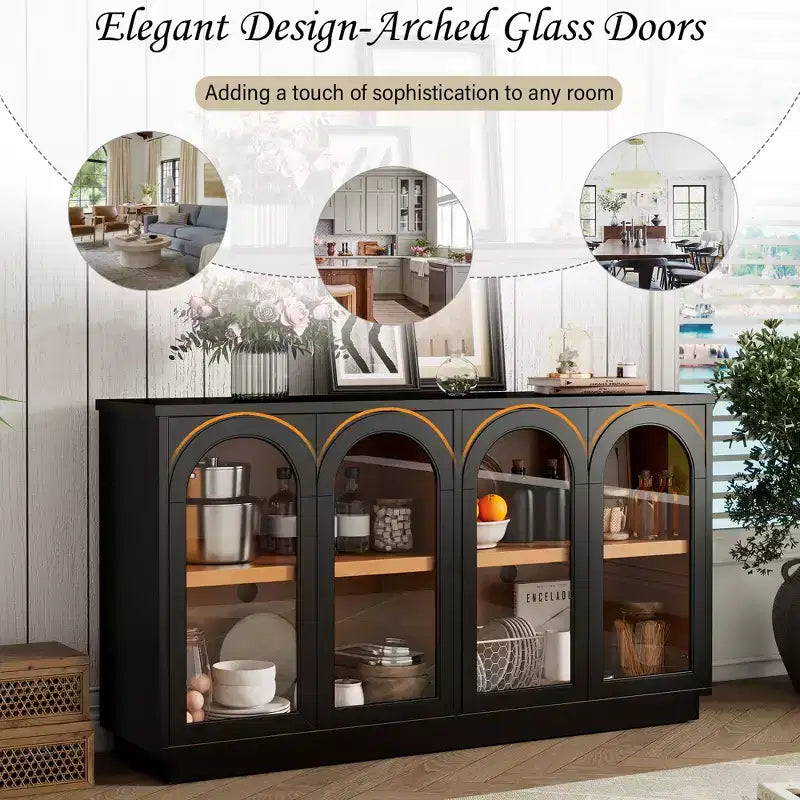 Buffet, Meuble de rangement voûté avec 4 portes vitrées, étagères réglables pour cuisine, salle à manger et salon