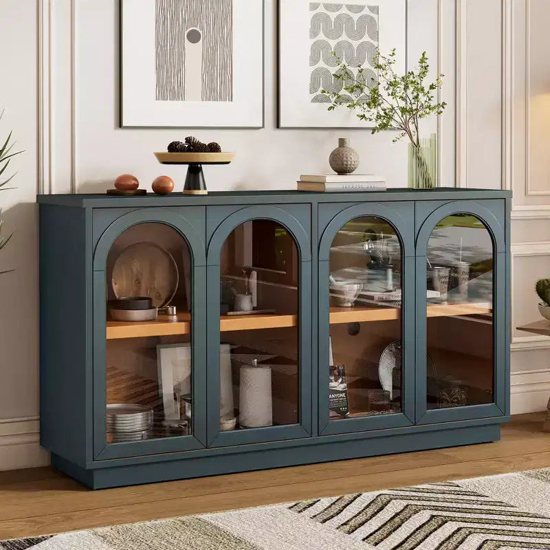 Buffet, Meuble de rangement voûté avec 4 portes vitrées, étagères réglables pour cuisine, salle à manger et salon