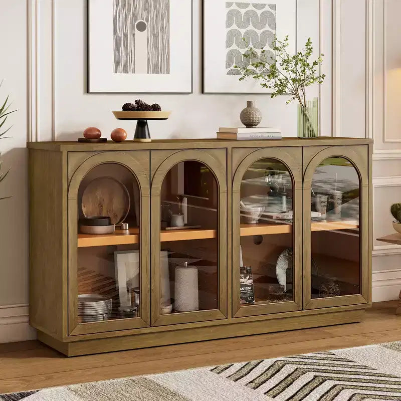 Buffet, Meuble de rangement voûté avec 4 portes vitrées, étagères réglables pour cuisine, salle à manger et salon