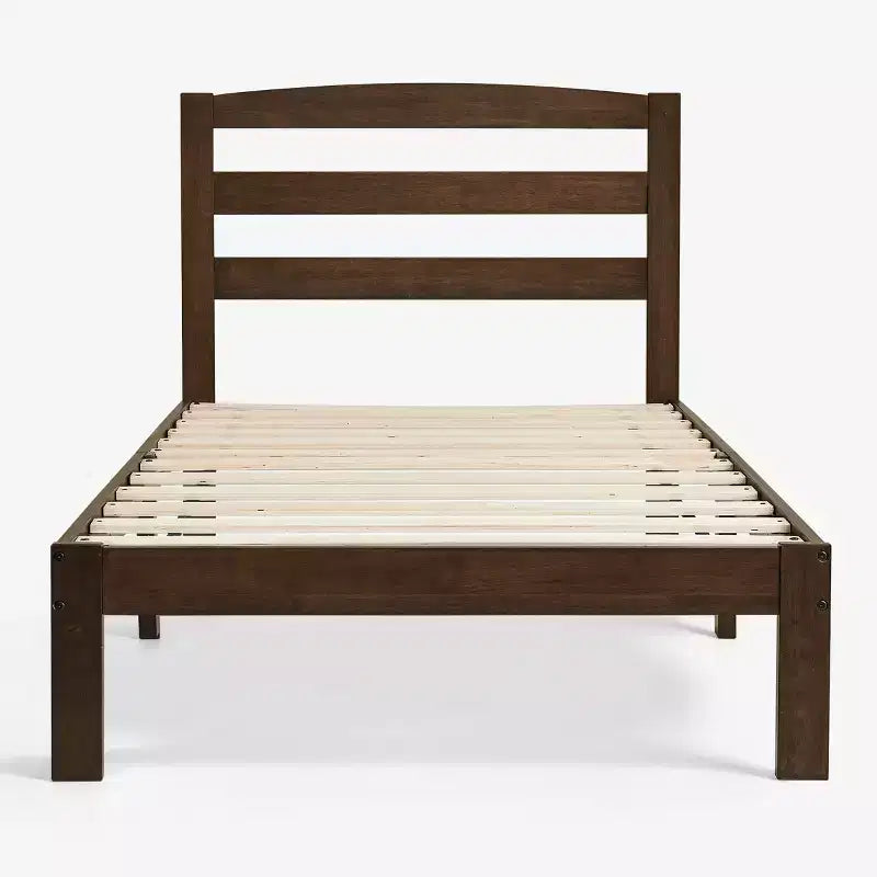 Lit plateforme en bois massif avec tête de lit, cadre de lit avec support à lattes en bois, noyer