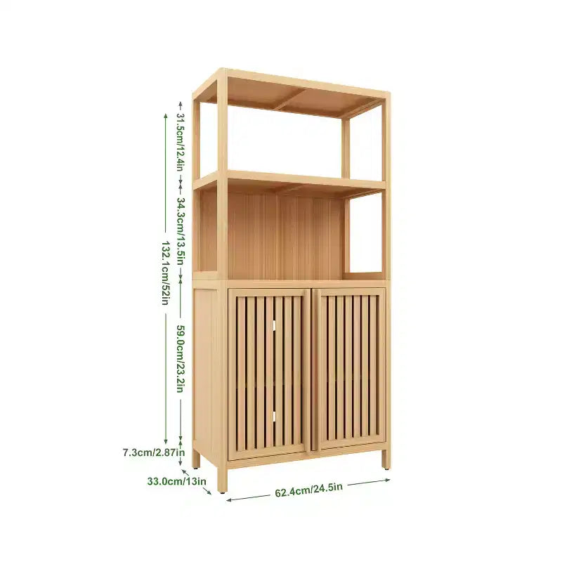 Meuble de rangement de salle de bain autoportant en bambou avec 2 portes magnétiques et étagères, 24,5 po de largeur