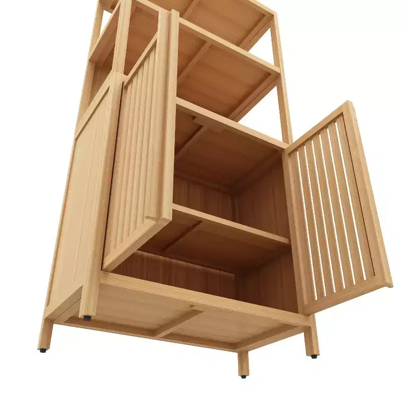 Meuble de rangement de salle de bain autoportant en bambou avec 2 portes magnétiques et étagères, 24,5 po de largeur
