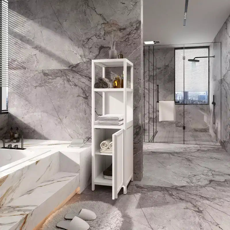 Armoire haute de salle de bain en bambou avec persiennes et étagères