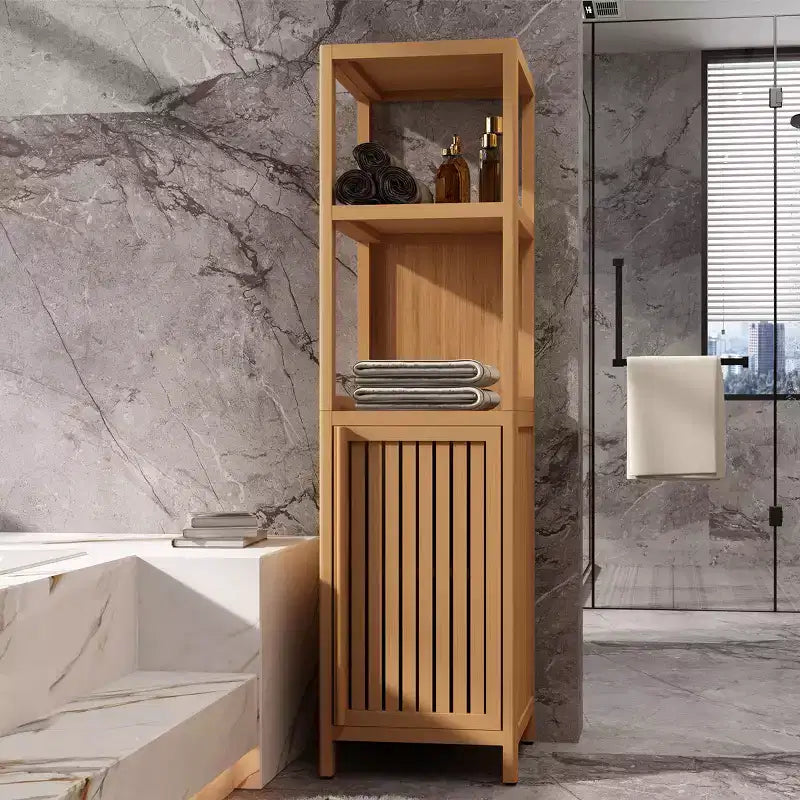 GDFStudio Sophia 52 Bamboo Louvered Door Tall Bathroom Storage Cabinet with Shelves