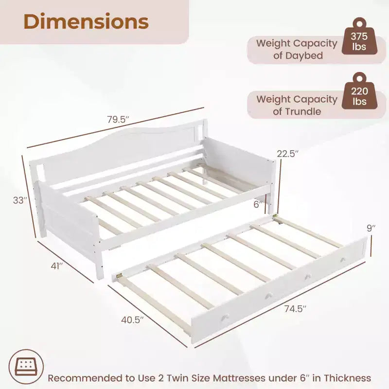 Lit de repos double avec lit gigogne, canapé-lit en bois massif avec support à lattes, lit d'appoint blanc/gris