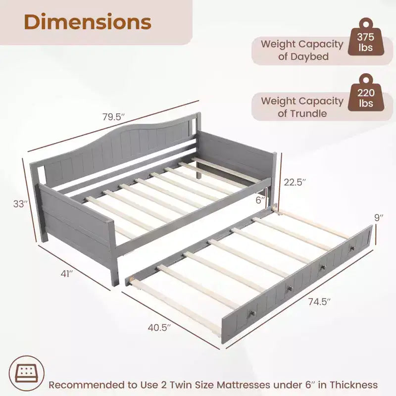 Lit de repos double avec lit gigogne, canapé-lit en bois massif avec support à lattes, lit d'appoint blanc/gris
