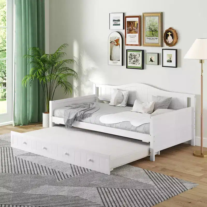Lit de repos double avec lit gigogne, canapé-lit en bois massif avec support à lattes, lit d'appoint blanc/gris