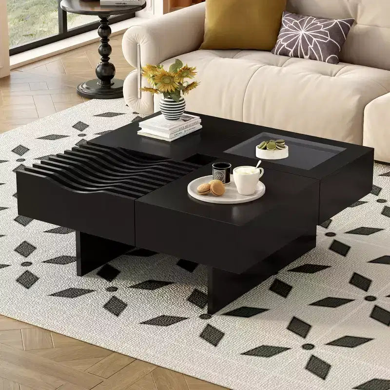 Table basse carrée avec dessus en verre trempé et ondulé et 3 tiroirs Table d'appoint de canapé en bois Table basse de centre moderne, Noir/Marron