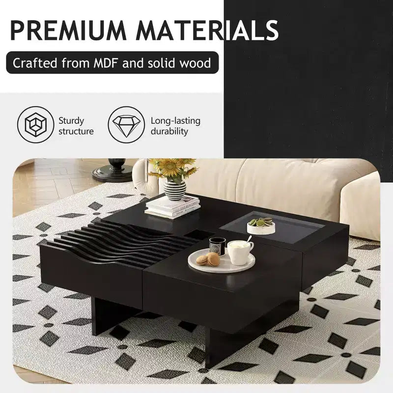 Table basse carrée avec dessus en verre trempé et ondulé et 3 tiroirs Table d'appoint de canapé en bois Table basse de centre moderne, Noir/Marron